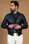 Giubbotto Bomber in pelle blu con bottoni effetto liscio