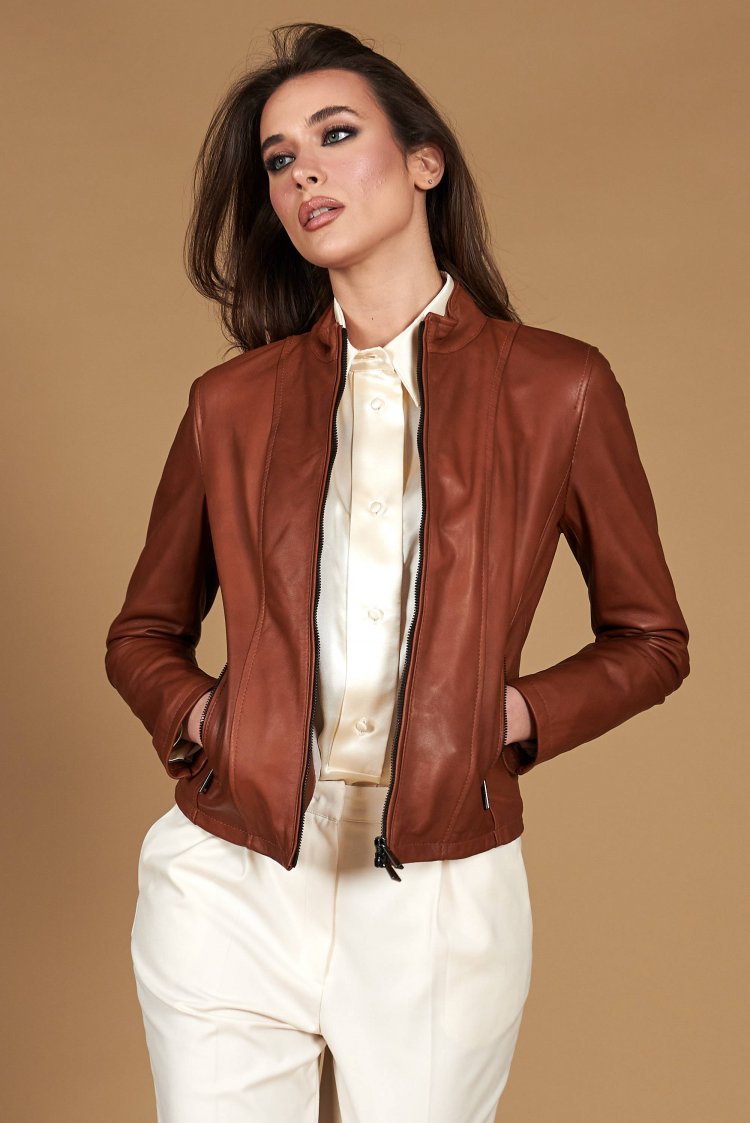 Veste cuir cognac cuir naturel aspect lisse col mao