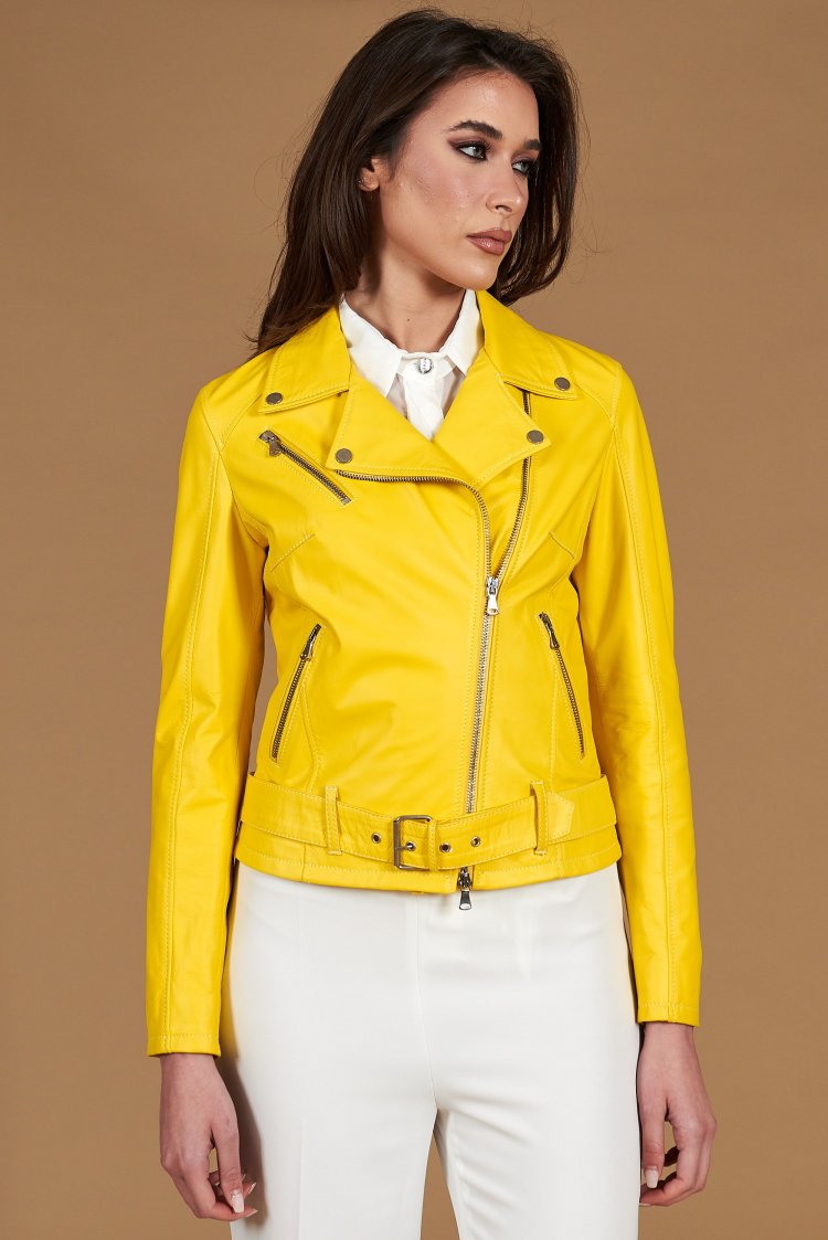 Blouson cuir jaune motard à...