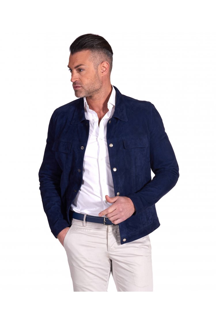 Blouson daim bleu col chemise press buttons closure