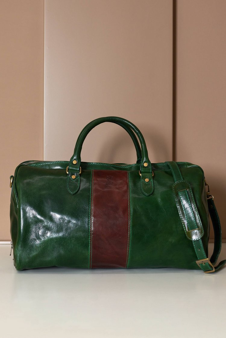 Sac de voyage en Cuir Vert Marron avec fermeture zippée