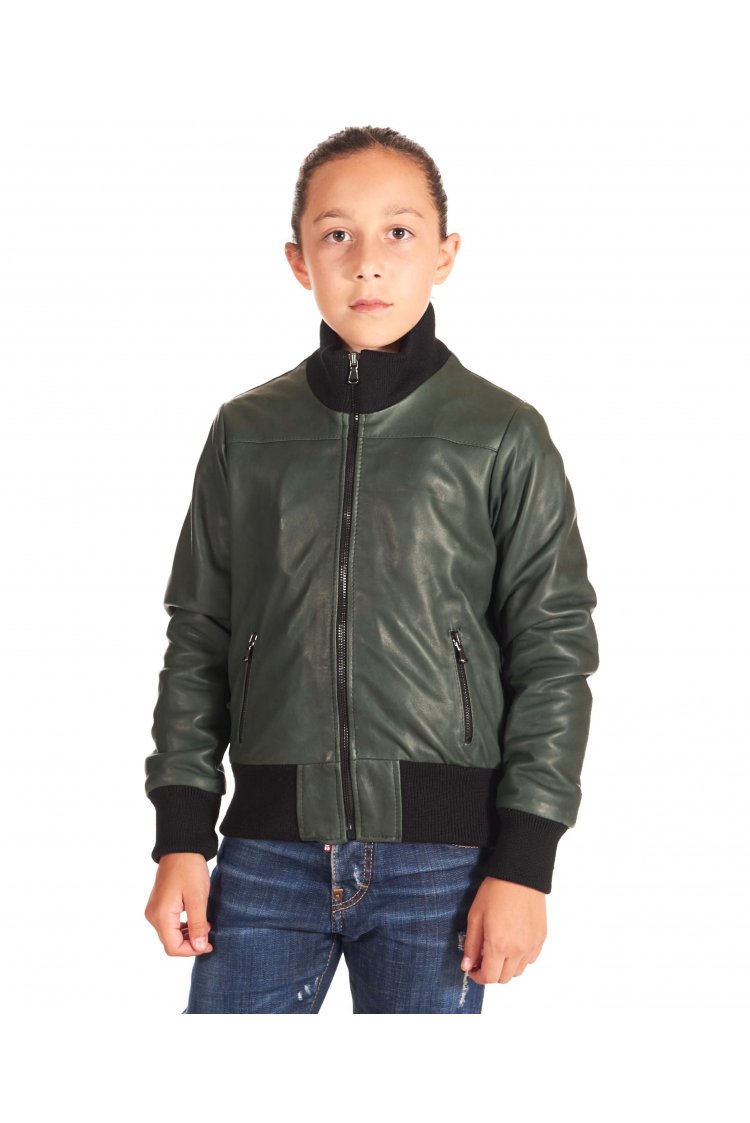 Blouson cuir vert enfant unisexe bomber cuir naturel