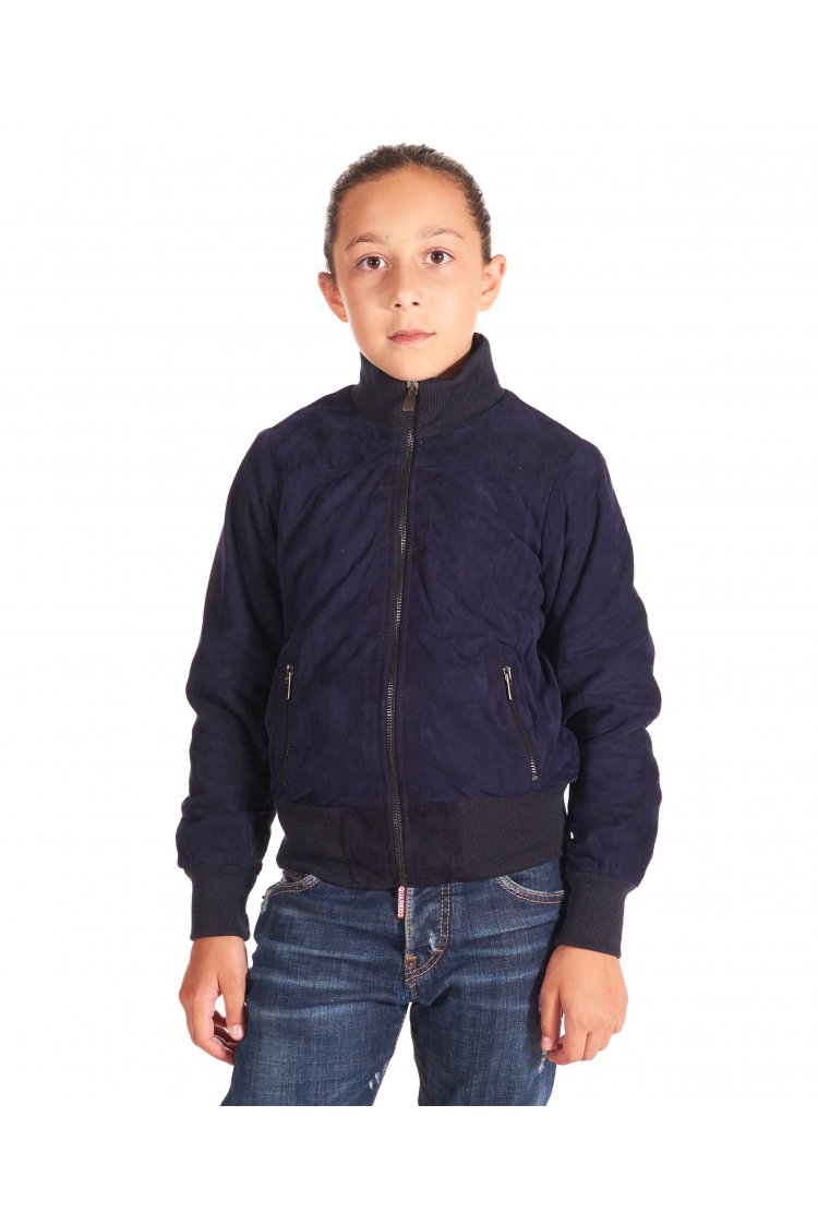 Blouson cuir bleu enfant unisexe bomber cuir velours