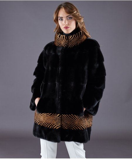 Manteau fourrure vison femme col haut • couleur noir