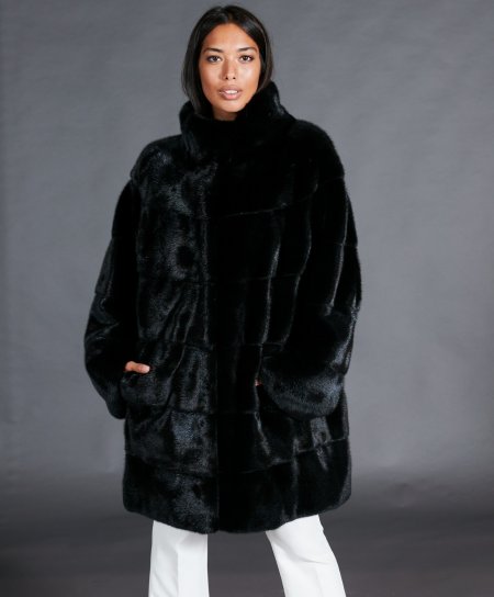 Manteau fourrure vison femme col rond • couleur noir