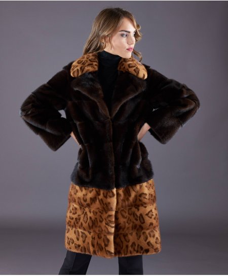 Manteau fourrure vison femme col et reverse • couleur acajou