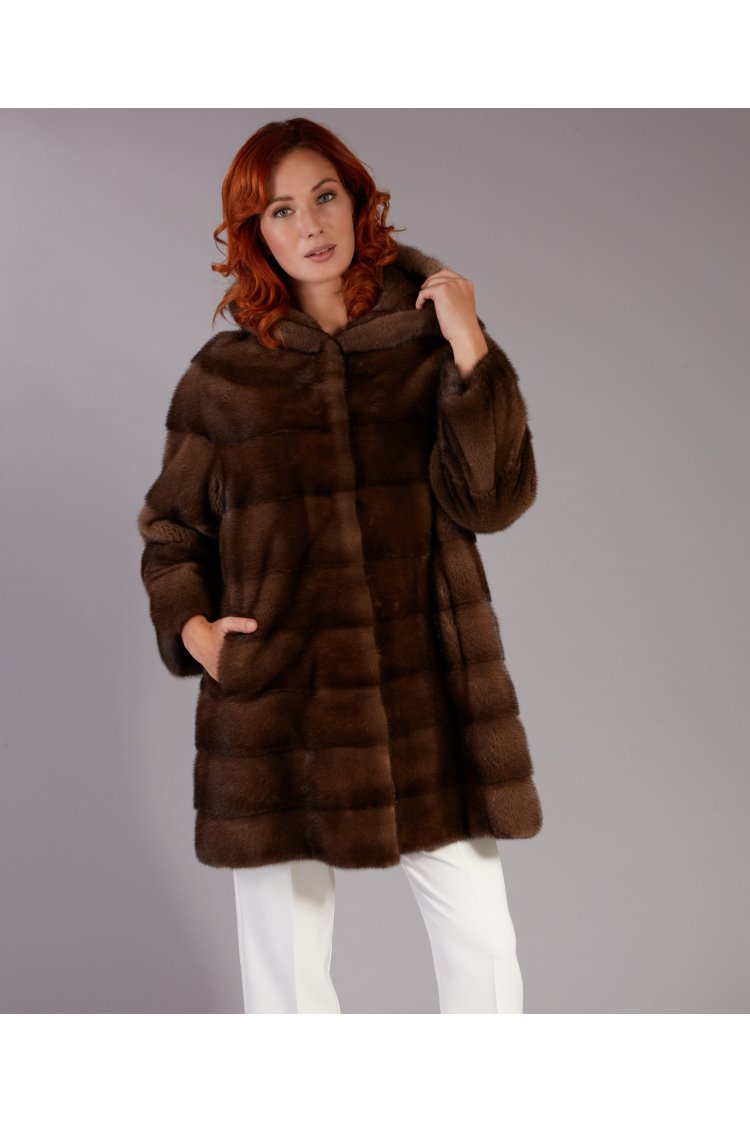 Manteau fourrure vison femme avec capuche • couleur marron