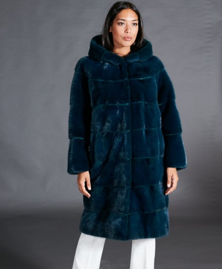 Manteau fourrure vison femme avec capuche • couleur pétrole