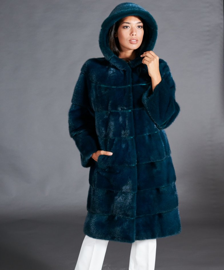 Manteau en fourrure vison femme capuche p trole Fourrure en