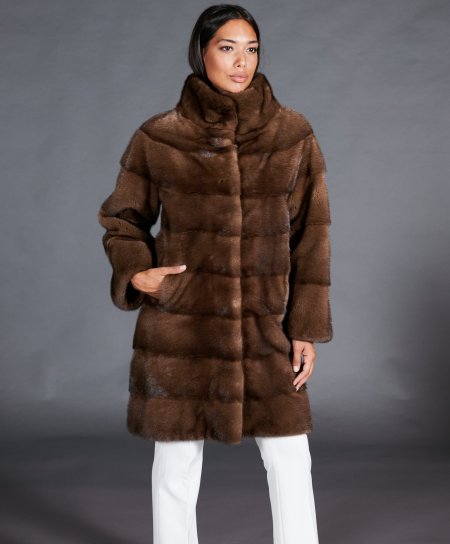 Manteau fourrure vison femme col rond • couleur marron