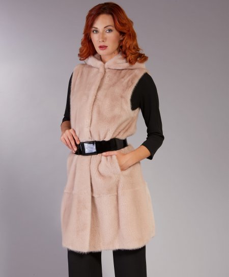 Manteau fourrure vison femme sans manche • couleur rose