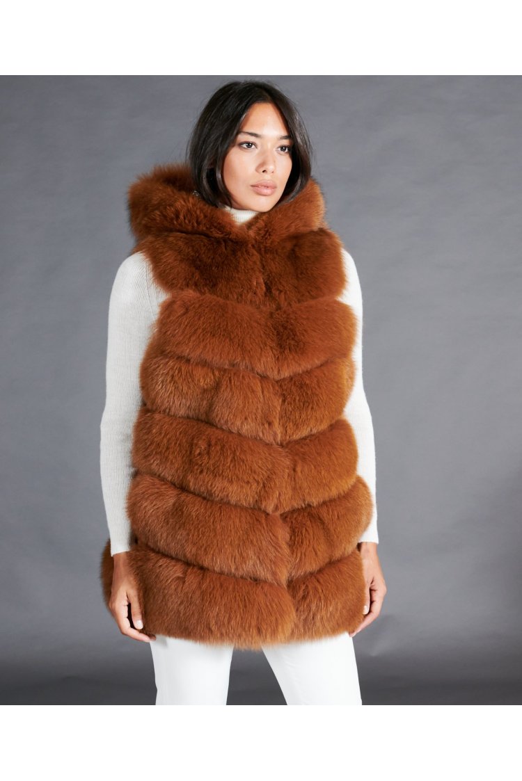 Veste fourrure renard femme avec capuche • couleur marron