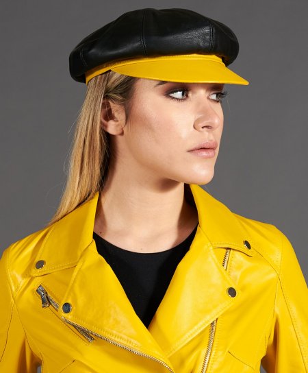 Casquette gavroche cuir noir jaune pour femme béret à visière