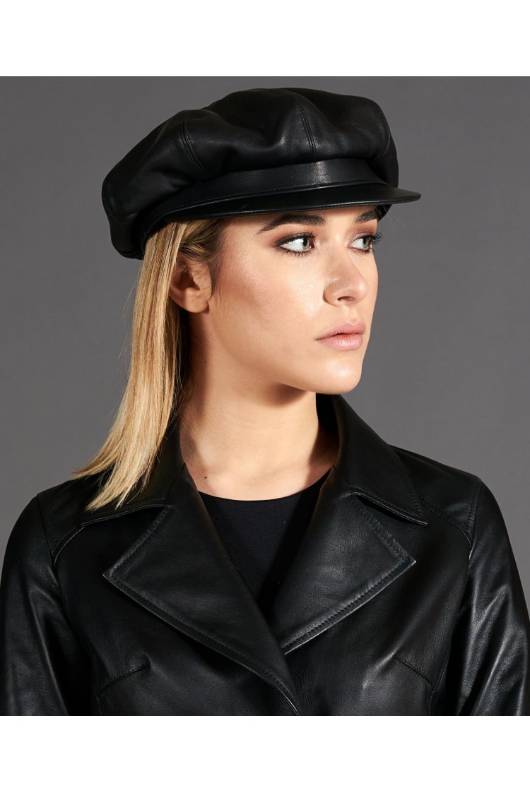 Casquette Gavroche cuir noir pour femme béret à visière