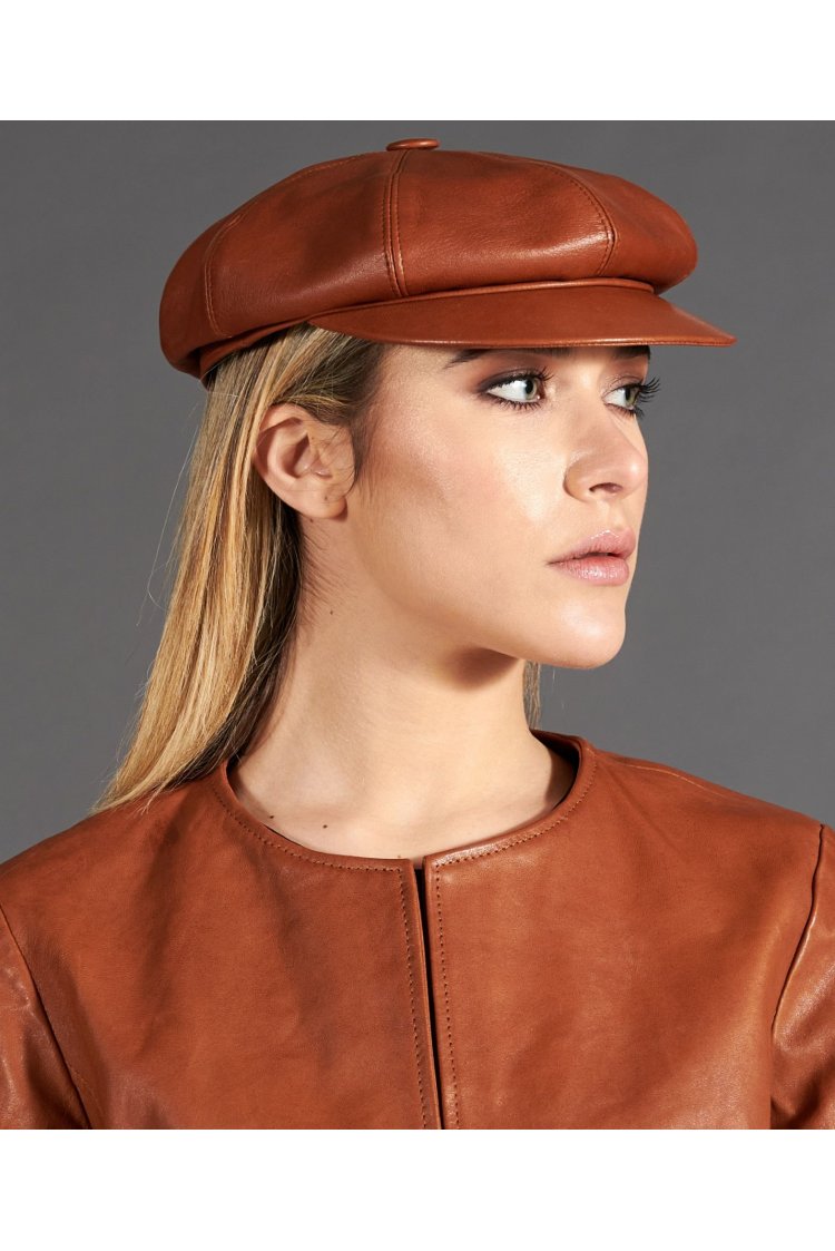 Casquette gavroche cuir tabac pour femme béret à visière