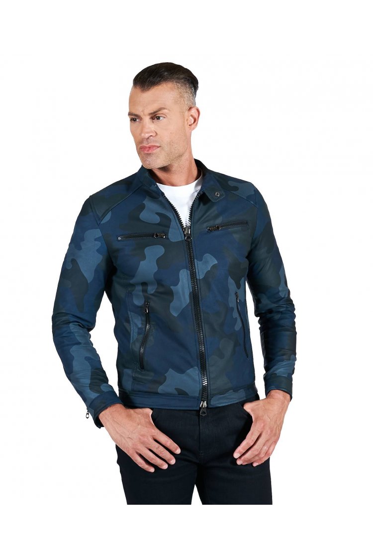 Blouson cuir bleu militaire quatre poches veste moto agneau plongé
