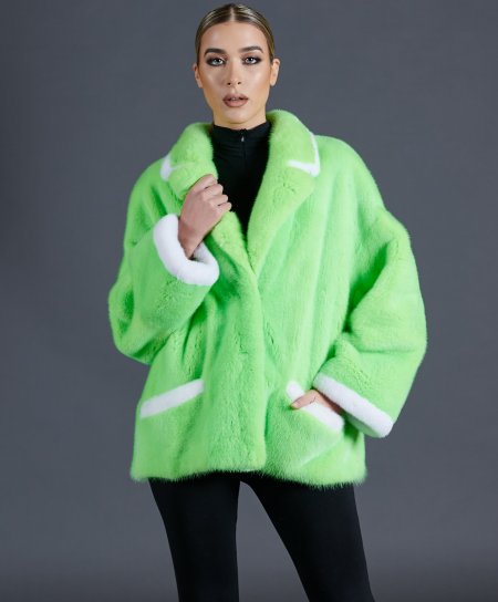 Veste fourrure vison femme avec profilés blanc • couleur vert fluo