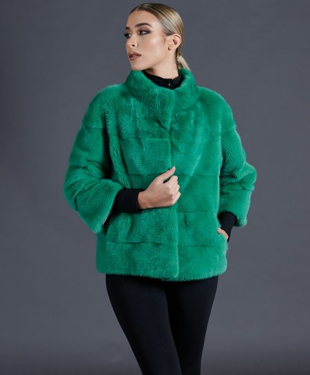 Veste fourrure vison femme col rond • couleur vert