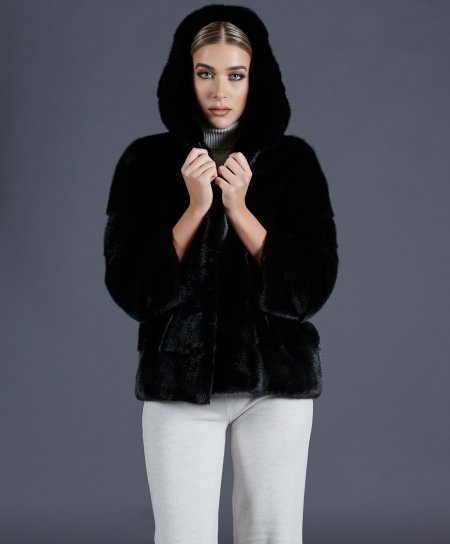 Veste fourrure vison femme avec capuche • couleur noir