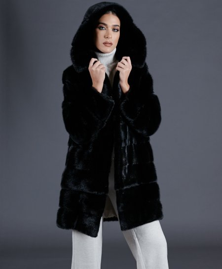 Manteau fourrure vison femme avec capuche • couleur noir