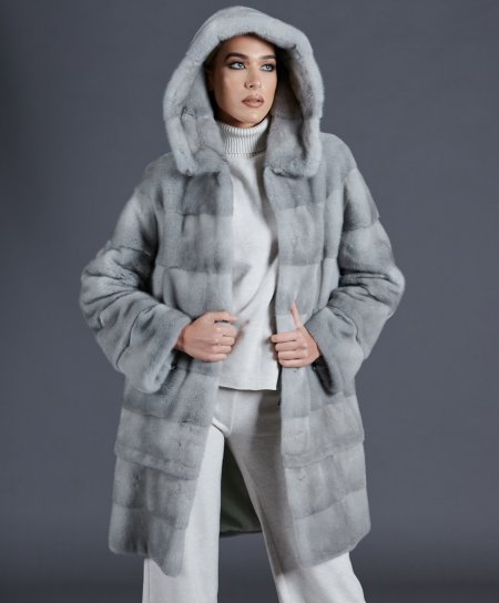 Manteau fourrure vison femme avec capuche • couleur saphire