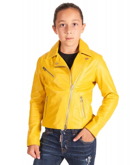 Blouson cuir jaune motard enfant unisexe cuir plongé