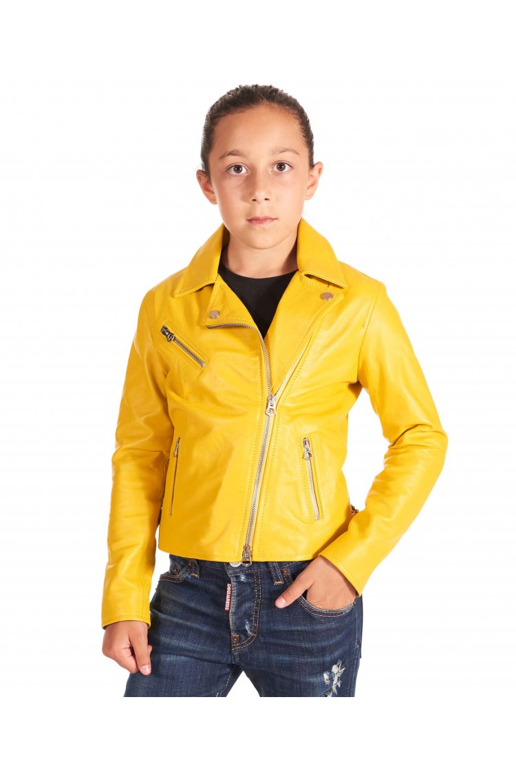 Blouson cuir jaune motard enfant unisexe cuir plongé