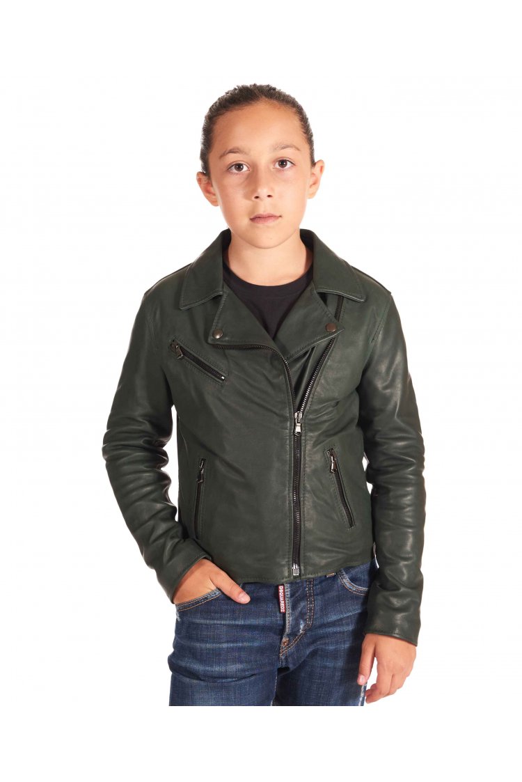 Blouson cuir naturel vert motard enfant unisexe