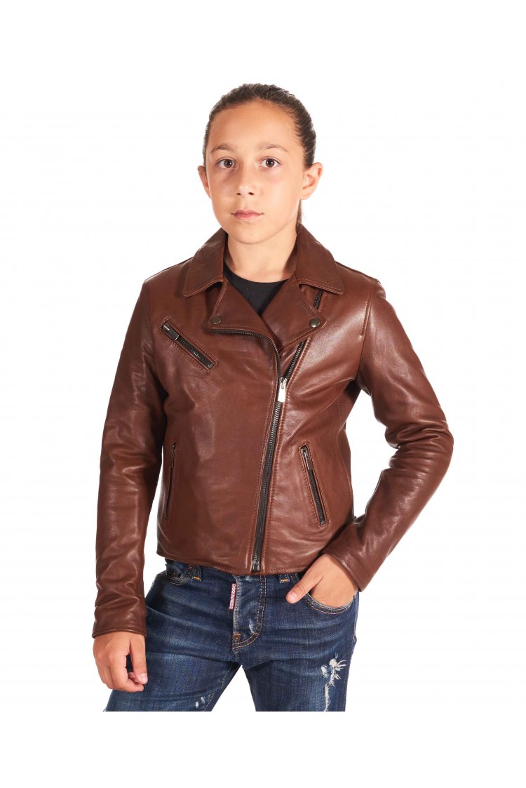 Blouson cuir cognac motard enfant unisexe cuir vintage