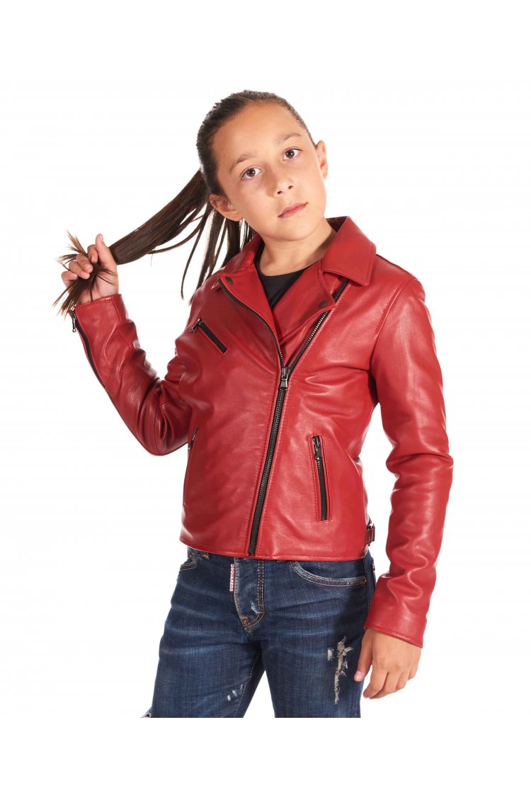 Blouson cuir plongé roux motard enfant unisexe