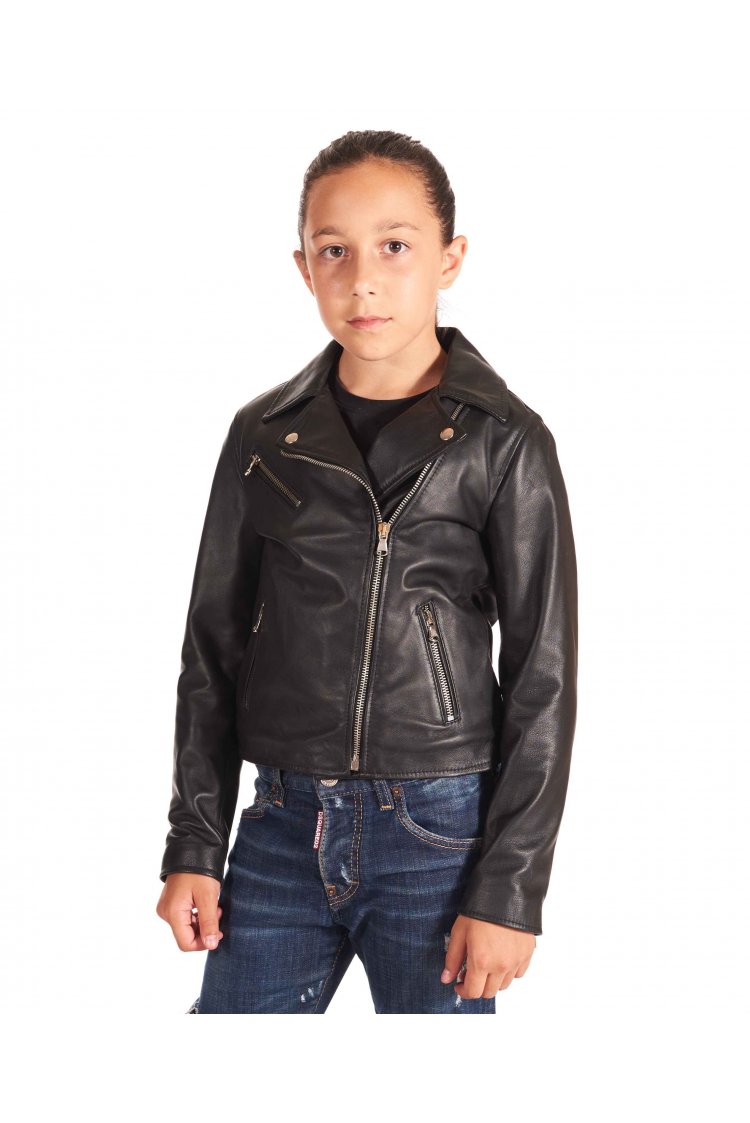 Blouson cuir plongé noir motard enfant unisexe