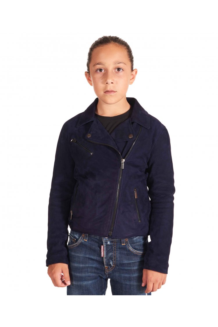 Blouson cuir daim bleu motard enfant unisexe