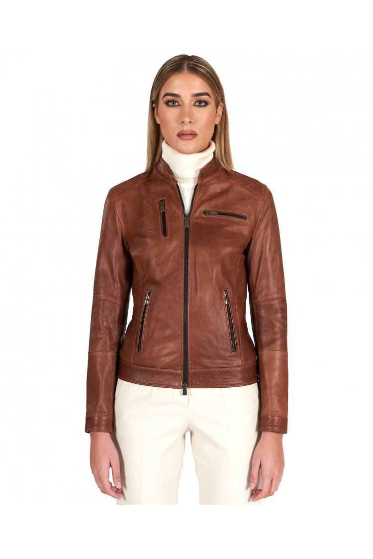 Veste cuir cognac quatre...