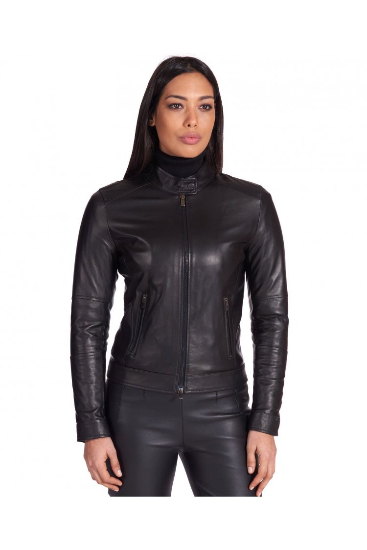 Veste cuir noir deux poches agneau plongé