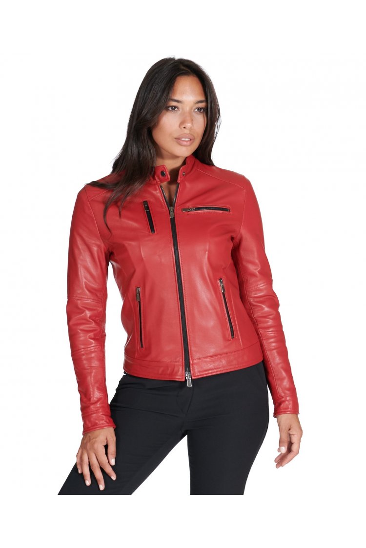 Veste cuir rouge quatre poches veste moto agneau plongé