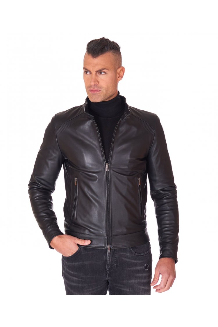 Blouson cuir noir veste moto surpiqures aux épaules cuir plongé