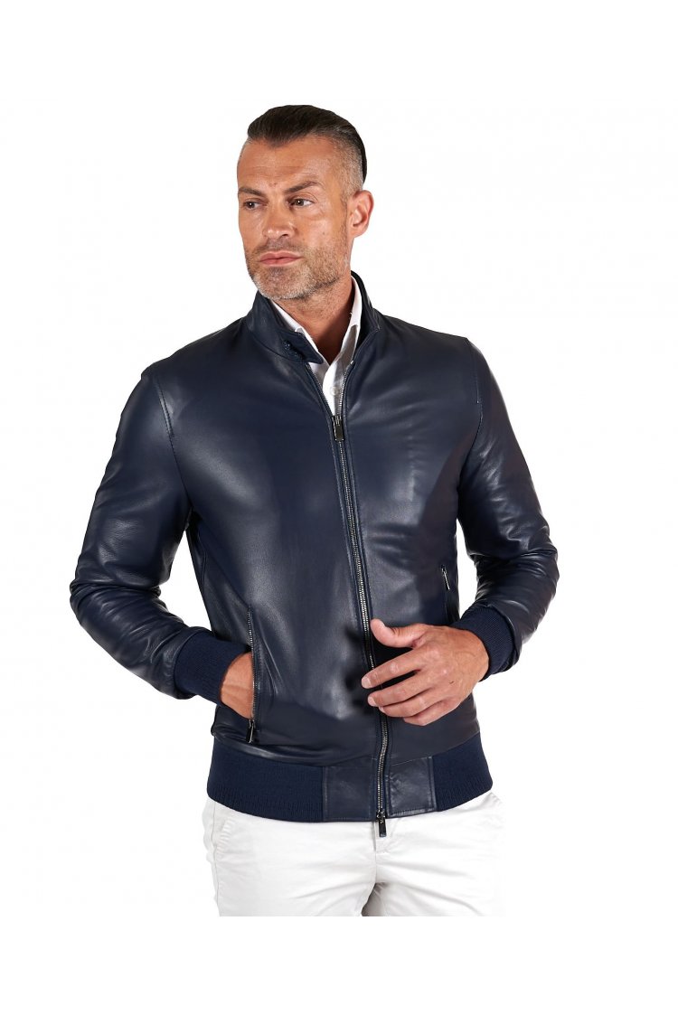 Blouson cuir naturel bleu bomber col mao avec boutons