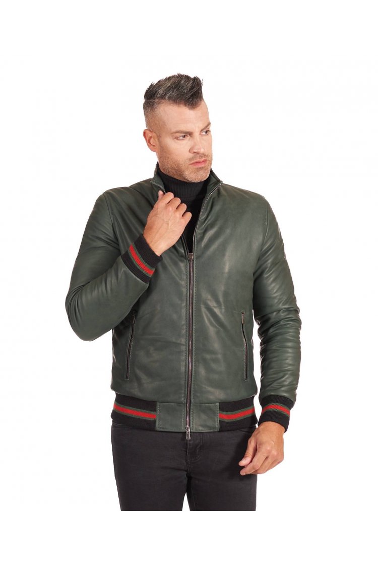 Blouson cuir vert bomber...