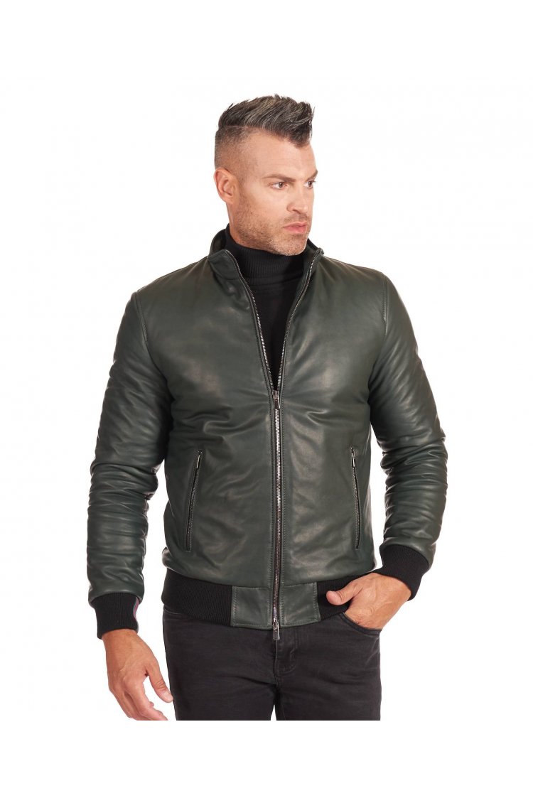 Blouson cuir vert bomber...