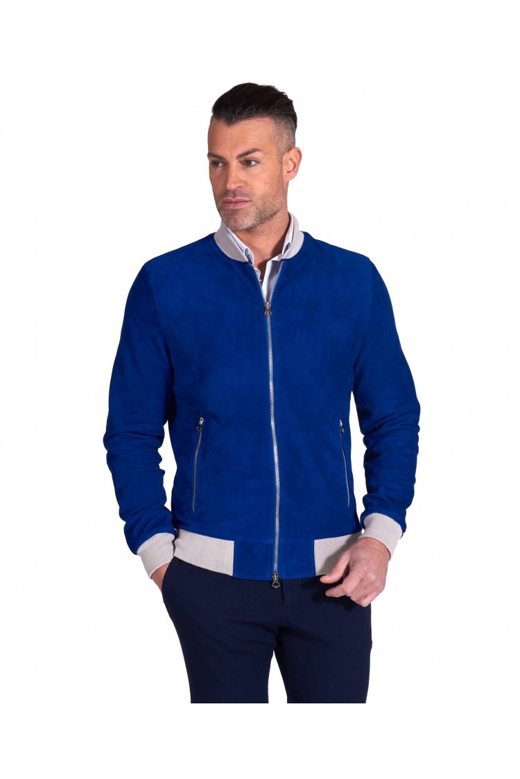 Bomber cuir bleu électrique cuir daim à contraste