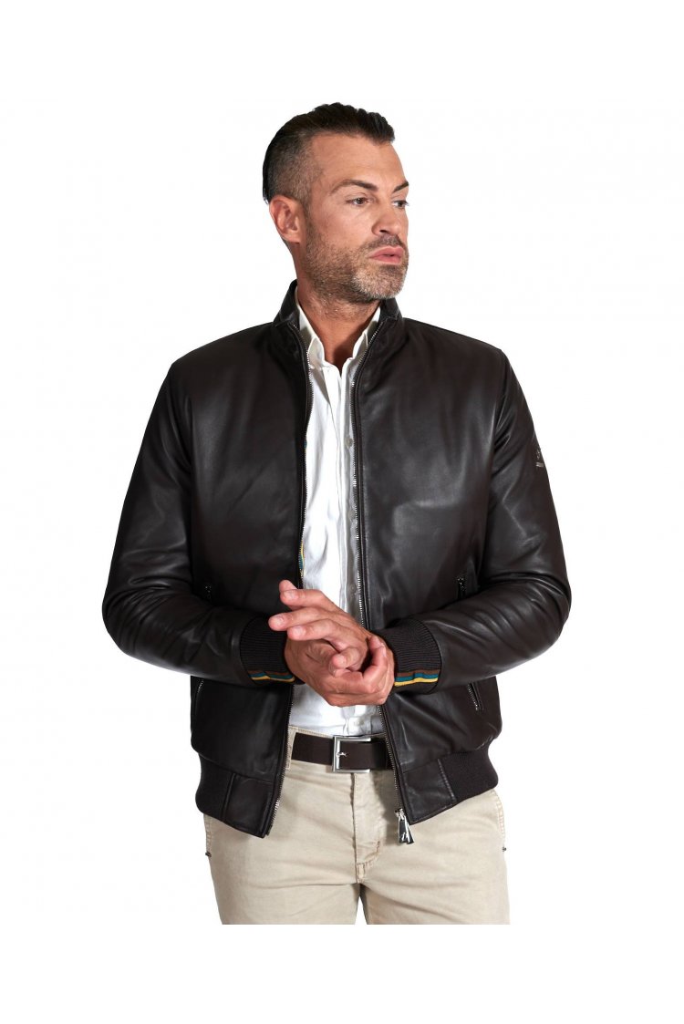 Bomber matelassé cuir marron homme col mao zippée