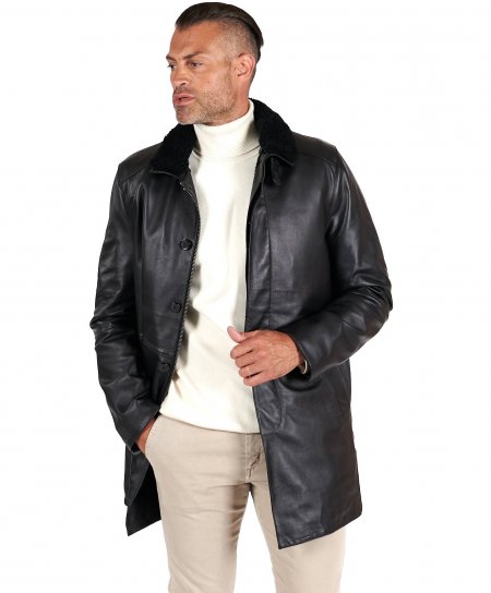 Manteau cuir plongé noir avec doublure mouton amovible 