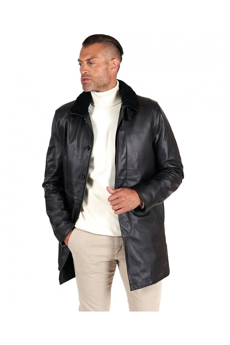 Manteau cuir plongé noir avec doublure mouton amovible 