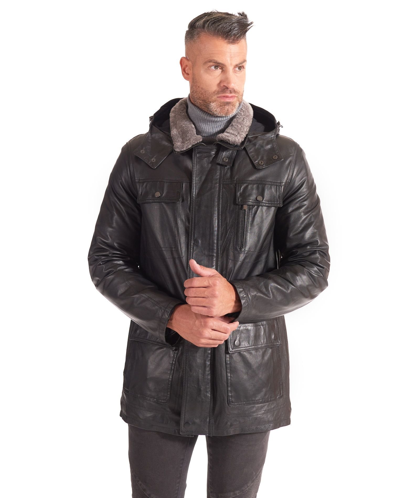 Sur-veste 3/4 en cuir homme cuir plongé couleur noir Vittorio