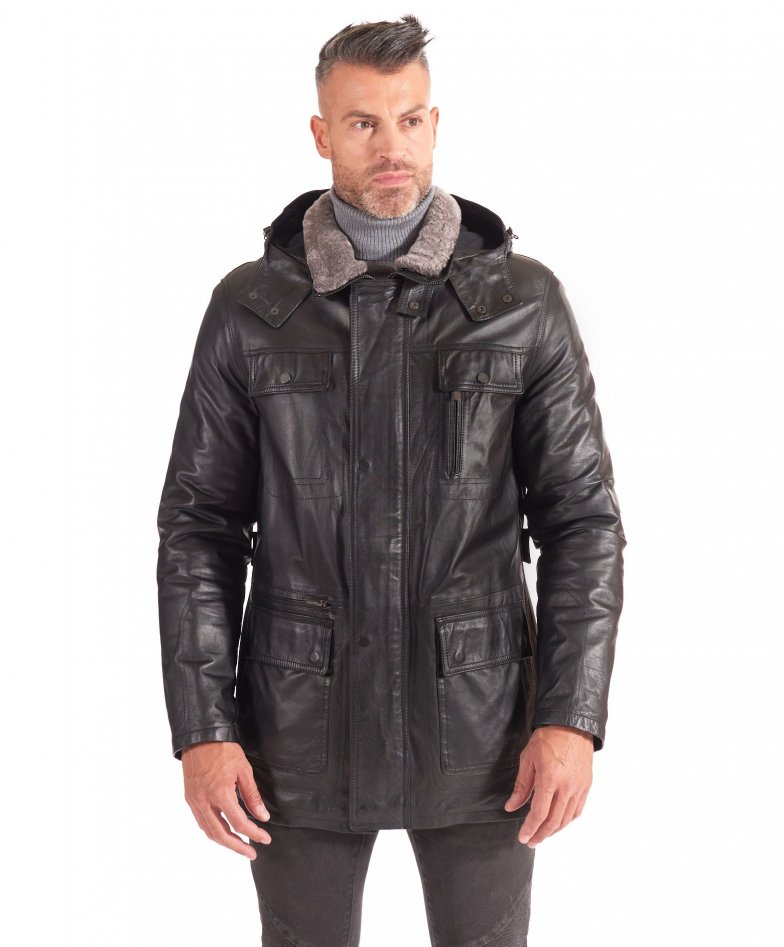 Sur-veste 3/4 en cuir homme cuir plongé couleur noir Vittorio