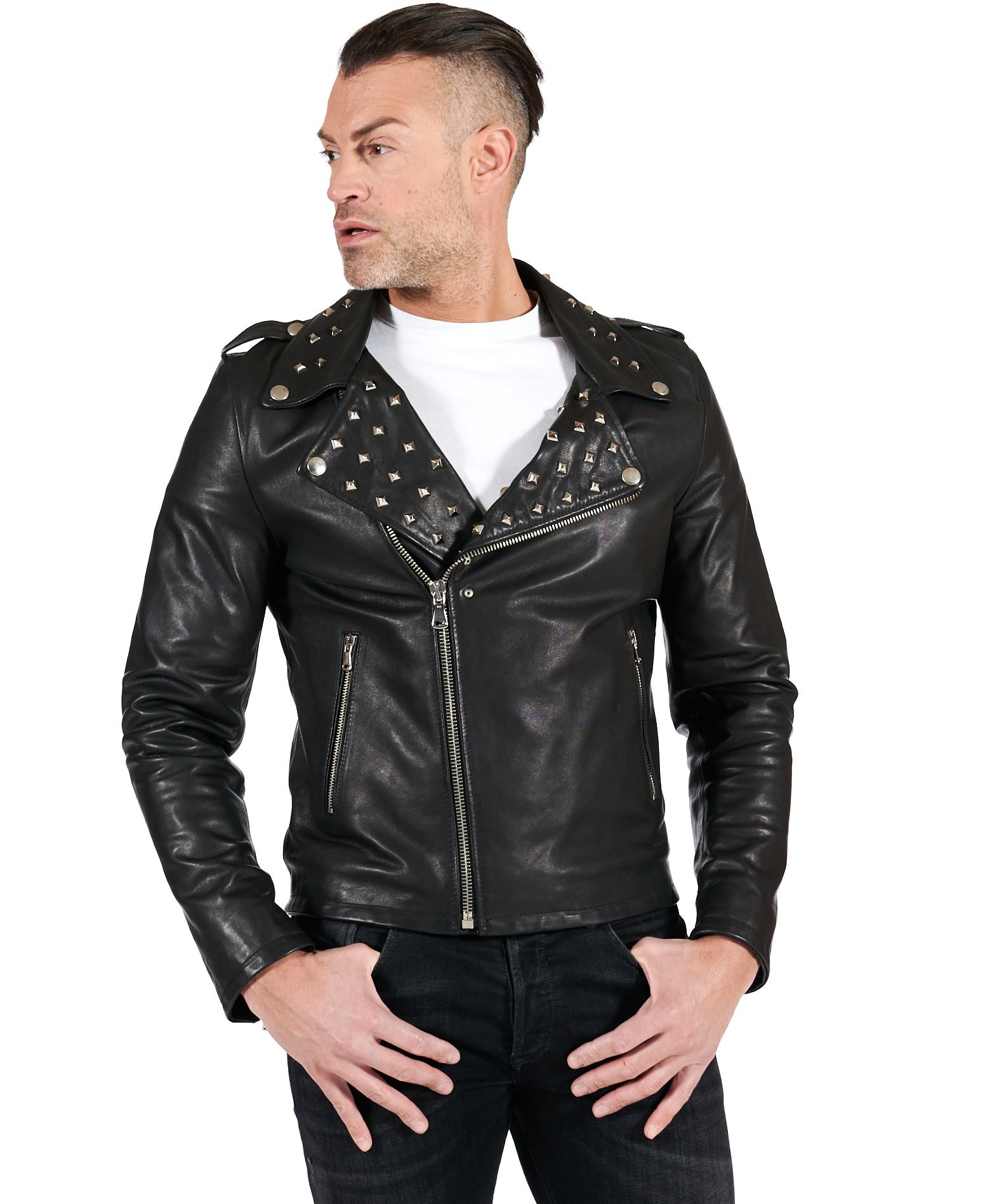 Blouson en cuir biker pour homme noir isolé Bolf 92535