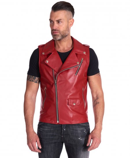 Gilet cuir moto rouge  zip...