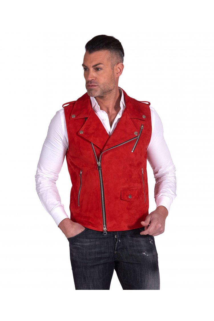 Gilet cuir rouge motard...