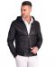 Giacca bomber in pelle nera con cappuccio nappa effetto liscio