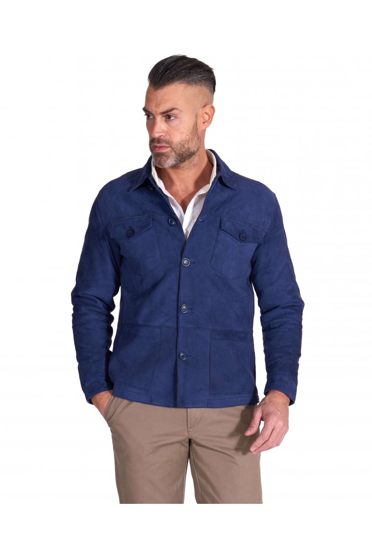 Blouson velours bleu cuir velours et tissu doublé